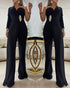 One Shoulder Rhinestone Decor Jumpsuit Casual Long Sleeve Wide Leg Romper black