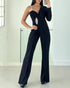 One Shoulder Rhinestone Decor Jumpsuit Casual Long Sleeve Wide Leg Romper black