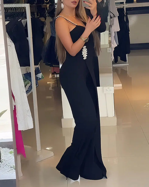 One Shoulder Rhinestone Decor Jumpsuit Casual Long Sleeve Wide Leg Romper black