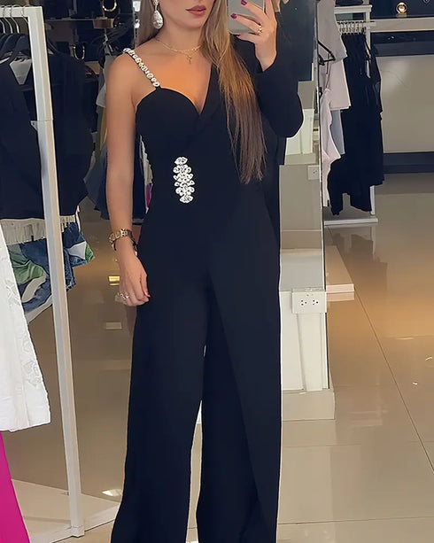 One Shoulder Rhinestone Decor Jumpsuit Casual Long Sleeve Wide Leg Romper black