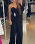 One Shoulder Rhinestone Decor Jumpsuit Casual Long Sleeve Wide Leg Romper black