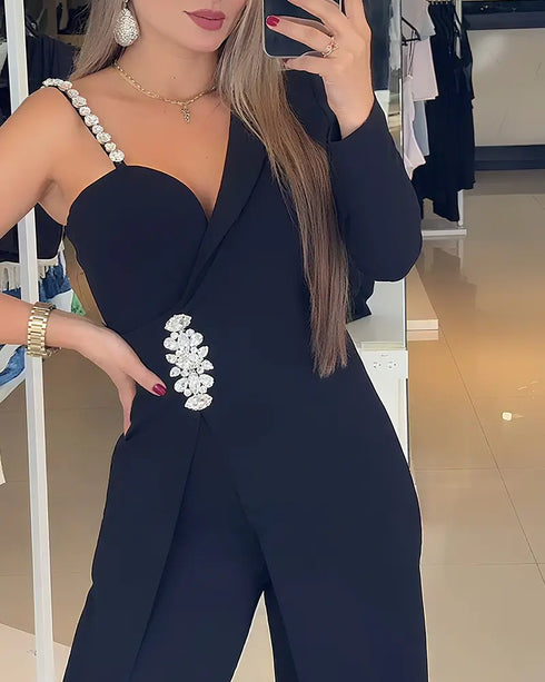 One Shoulder Rhinestone Decor Jumpsuit Casual Long Sleeve Wide Leg Romper black