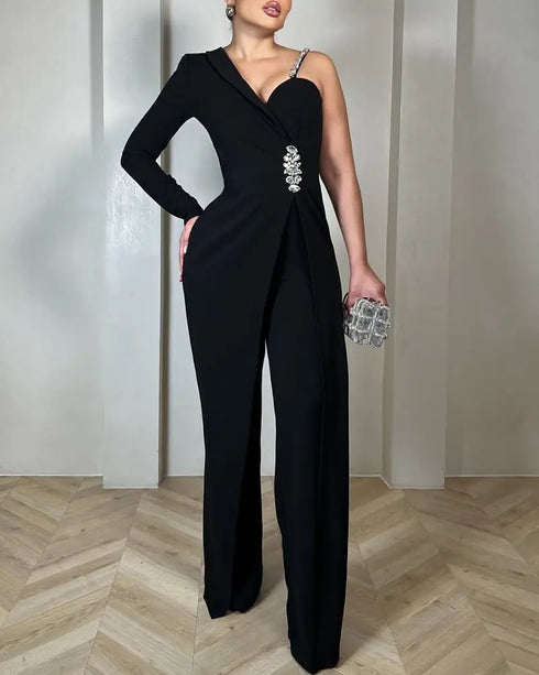 One Shoulder Rhinestone Decor Jumpsuit Casual Long Sleeve Wide Leg Romper black