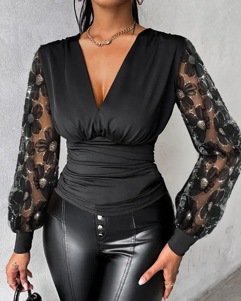 Deep V-Neck Sequin & Flower Decor Mesh Lantern Sleeves Ruched Blouse Slim Fit Top black