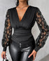 Deep V-Neck Sequin & Flower Decor Mesh Lantern Sleeves Ruched Blouse Slim Fit Top black