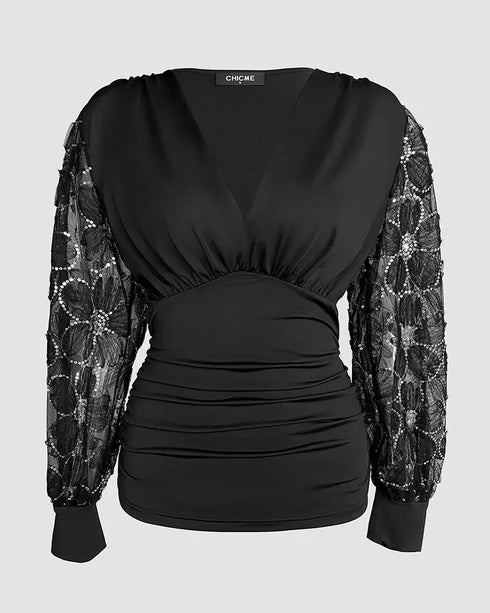 Deep V-Neck Sequin & Flower Decor Mesh Lantern Sleeves Ruched Blouse Slim Fit Top black
