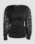 Deep V-Neck Sequin & Flower Decor Mesh Lantern Sleeves Ruched Blouse Slim Fit Top black