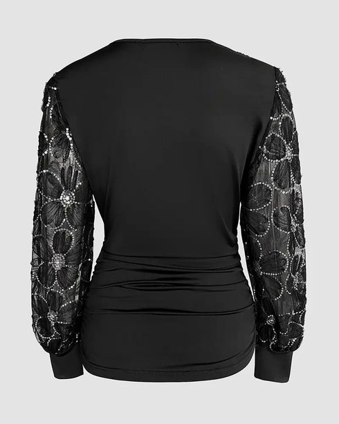 Deep V-Neck Sequin & Flower Decor Mesh Lantern Sleeves Ruched Blouse Slim Fit Top black