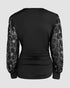 Deep V-Neck Sequin & Flower Decor Mesh Lantern Sleeves Ruched Blouse Slim Fit Top black