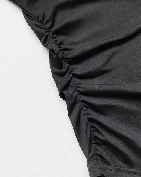 Deep V-Neck Sequin & Flower Decor Mesh Lantern Sleeves Ruched Blouse Slim Fit Top black