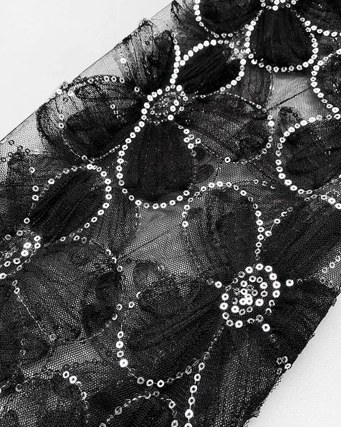 Deep V-Neck Sequin & Flower Decor Mesh Lantern Sleeves Ruched Blouse Slim Fit Top black