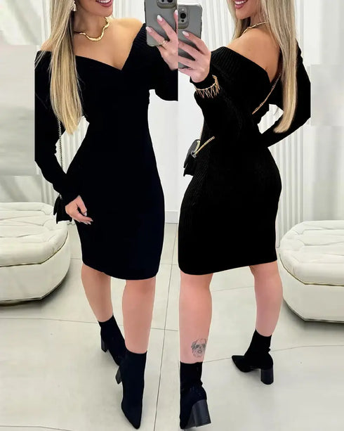 Off Shoulder Slim Fit Knit Long Sleeve Dress Bodycon Sweater Dress black
