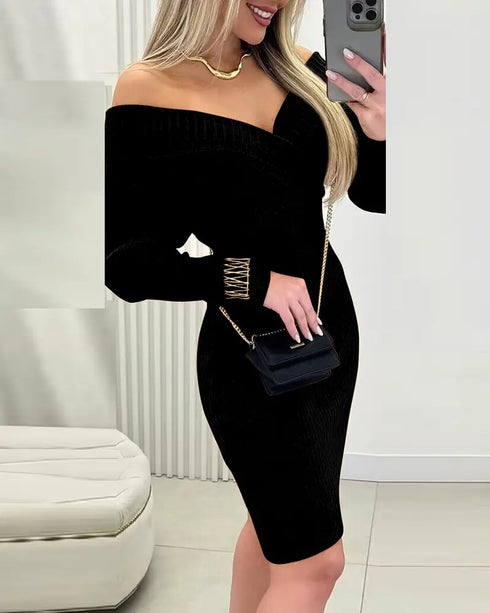 Off Shoulder Slim Fit Knit Long Sleeve Dress Bodycon Sweater Dress black