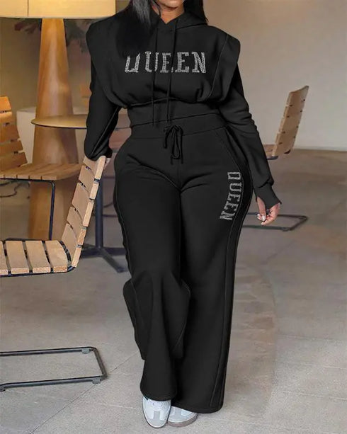 2 Pieces Outfit Rhinestone Graphic & Letter Pattern 3D Design Crop Drawstring Hoodie Sweatshirt and Casual Drawstring Elastic Waist Wide Leg Sweatpants Set black