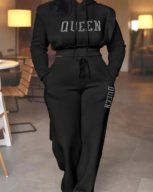 2 Pieces Outfit Long Sleeve Crop Drawstring Hoodie Sweatshirt with Thumb Hole Cuffs and Casual Drawstring Elastic Waist Wide Leg Sweatpants Set black