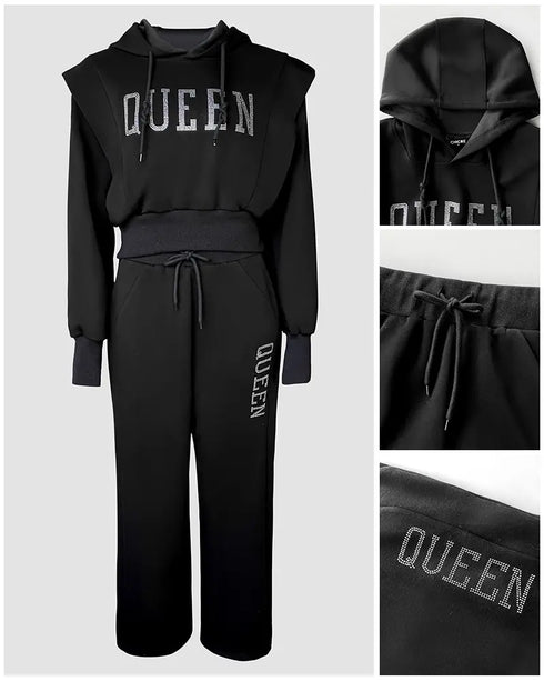 2 Pieces Outfit Rhinestone Graphic & Letter Pattern 3D Design Crop Drawstring Hoodie Sweatshirt and Casual Drawstring Elastic Waist Wide Leg Sweatpants Set black
