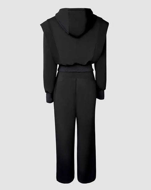2 Pieces Outfit Long Sleeve Crop Drawstring Hoodie Sweatshirt with Thumb Hole Cuffs and Casual Drawstring Elastic Waist Wide Leg Sweatpants Set black