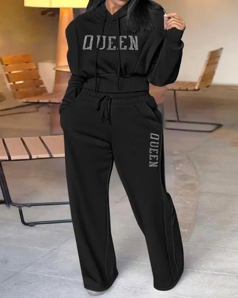 2 Pieces Outfit Long Sleeve Crop Drawstring Hoodie Sweatshirt with Thumb Hole Cuffs and Casual Drawstring Elastic Waist Wide Leg Sweatpants Set black