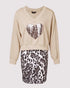 2 Piece Contrast Sequin Heart Pattern V-Neck Sweatshirt Leopard Print Sleeveless Tank Dress Set Apricot