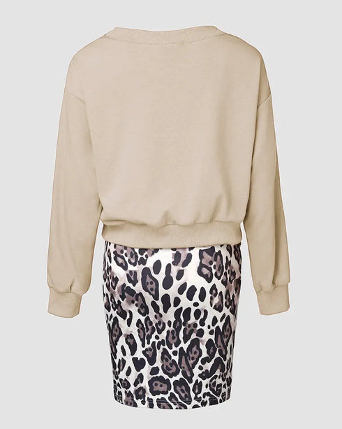 2 Piece Contrast Sequin Heart Pattern V-Neck Sweatshirt Leopard Print Sleeveless Tank Dress Set Apricot