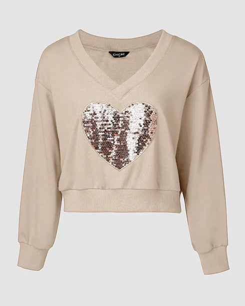 2 Piece Contrast Sequin Heart Pattern V-Neck Sweatshirt Leopard Print Sleeveless Tank Dress Set Apricot