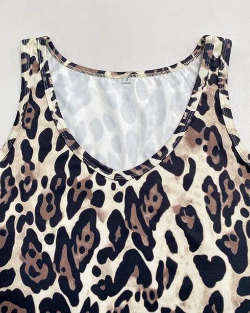 2 Piece Contrast Sequin Heart Pattern V-Neck Sweatshirt Leopard Print Sleeveless Tank Dress Set Apricot