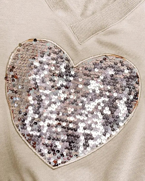 2 Piece Contrast Sequin Heart Pattern V-Neck Sweatshirt Leopard Print Sleeveless Tank Dress Set Apricot