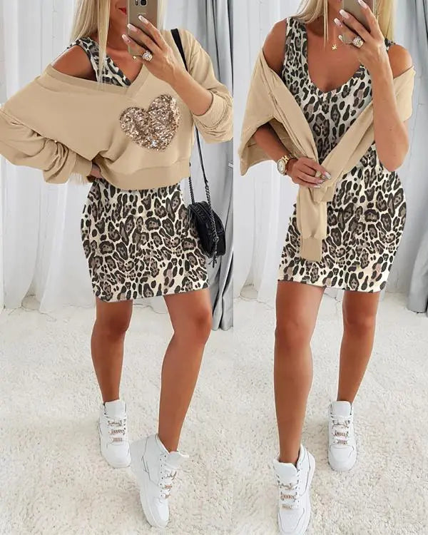 2 Piece Contrast Sequin Heart Pattern V-Neck Sweatshirt Leopard Print Sleeveless Tank Dress Set Apricot