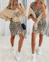 2 Piece Contrast Sequin Heart Pattern V-Neck Sweatshirt Leopard Print Sleeveless Tank Dress Set Apricot
