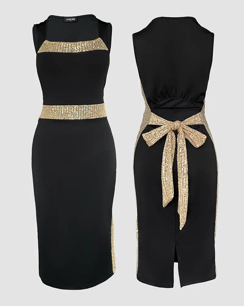 Pearls Decor Thick Strap Backless Slit Back Tank Dress Zipper Back Bodycon Dress With Belt black