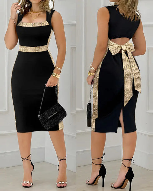 Halter Thick Strap Chic 3D Floral Dec Slim Fit Dress black