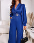 Metal Ring Decor Overlap V-Neck Lantern Sleeve Zipper Back Jumpsuit Casual Cinched Waist Wide Leg Jumpsuit blue