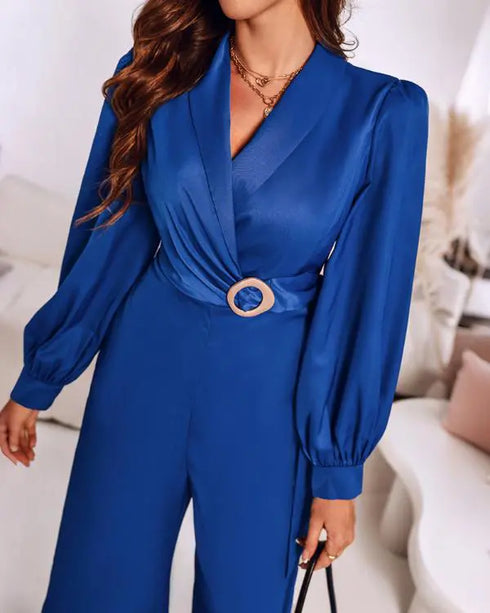 Metal Ring Decor Overlap V-Neck Lantern Sleeve Zipper Back Jumpsuit Casual Cinched Waist Wide Leg Jumpsuit blue