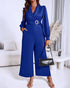Metal Ring Decor Overlap V-Neck Lantern Sleeve Zipper Back Jumpsuit Casual Cinched Waist Wide Leg Jumpsuit blue