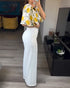2 Pieces Outfit Floral Print Bell Sleeve Satin Blouse Top and Casual High Waist Work Pants Set yellow