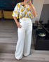 2 Pieces Outfit Floral Print Round Neck Bell Sleeve Satin Top and High Waist Wide Leg Work Pants Set yellow