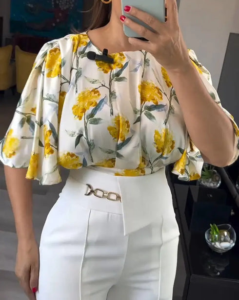 2 Pieces Outfit Floral Print Round Neck Bell Sleeve Satin Top and High Waist Wide Leg Work Pants Set yellow