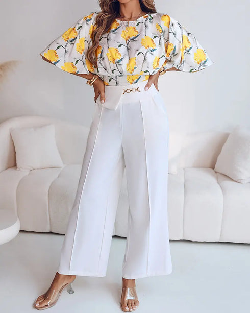 2 Pieces Outfit Floral Print Round Neck Bell Sleeve Satin Top and High Waist Wide Leg Work Pants Set yellow
