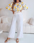 2 Pieces Outfit Floral Print Round Neck Bell Sleeve Satin Top and High Waist Wide Leg Work Pants Set yellow