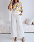 2 Pieces Outfit Floral Print Round Neck Bell Sleeve Satin Top and High Waist Wide Leg Work Pants Set yellow