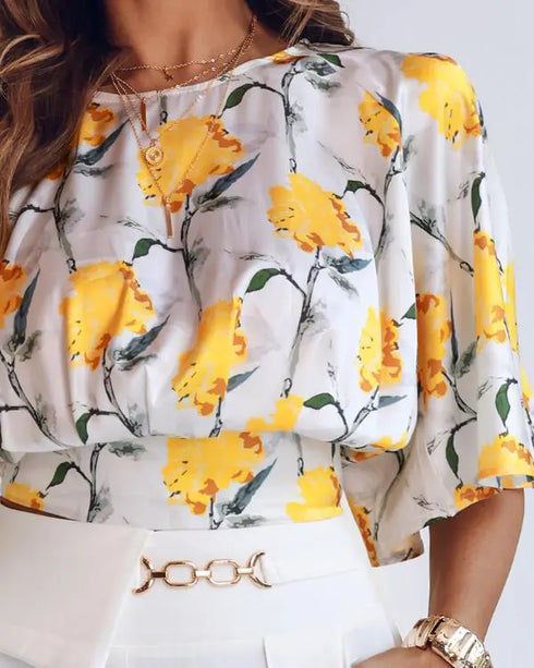 2 Pieces Outfit Floral Print Bell Sleeve Satin Blouse Top and Casual High Waist Work Pants Set yellow