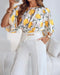 2 Pieces Outfit Floral Print Round Neck Bell Sleeve Satin Top and High Waist Wide Leg Work Pants Set yellow