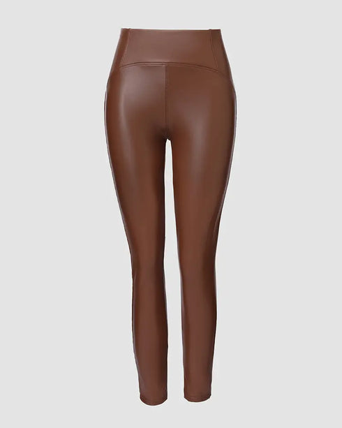 ChicMe CurveEase PU Leather Leggings High Waist Curved Fleece Lined Tights Casual Pants coffee