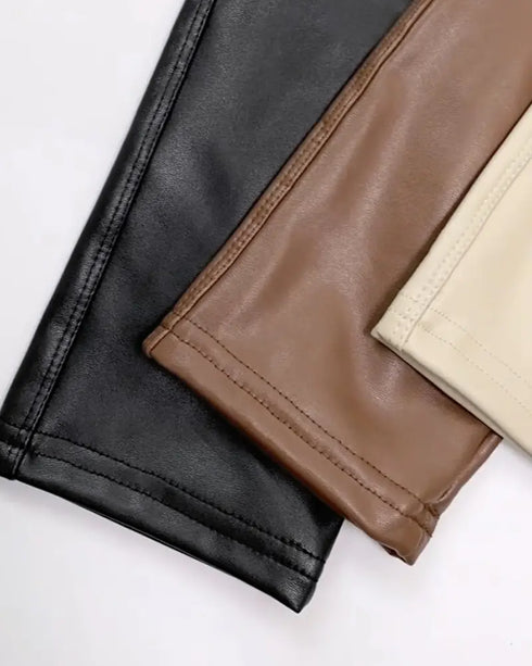 ChicMe CurveEase PU Leather Leggings High Waist Curved Fleece Lined Tights Casual Pants coffee