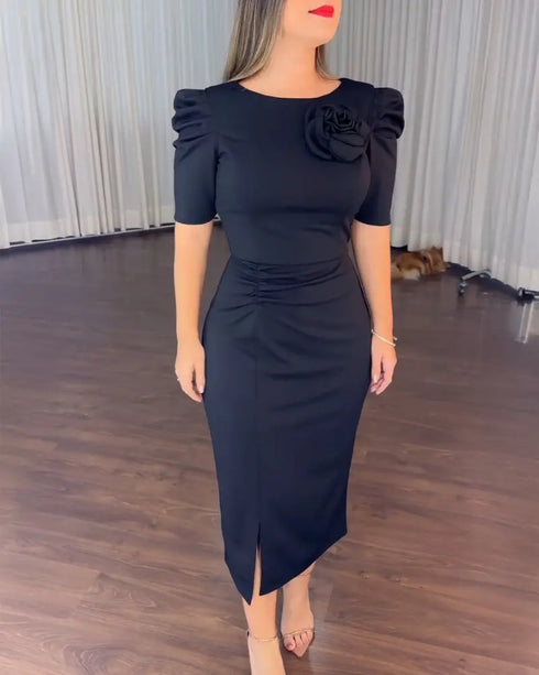 3D Flower Decor Round Neck Puff Sleeve Bodycon Dress Casual Ruched Slit Zipper Back Work Dress black