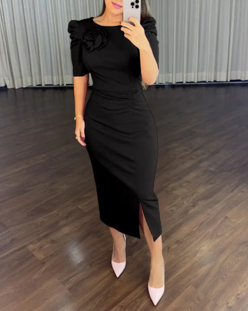 3D Flower Decor Round Neck Puff Sleeve Bodycon Dress Casual Ruched Slit Zipper Back Work Dress black