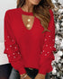 Keyhole Neck Hollow Out Contrast Lace Top red