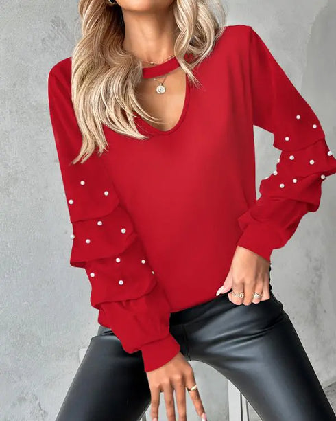 Keyhole Neck Hollow Out Contrast Lace Top red
