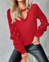 Keyhole Neck Hollow Out Contrast Lace Top red