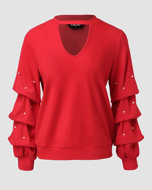 Keyhole Neck Hollow Out Contrast Lace Top red